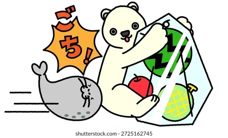 Das ist eine komische Illustration eines Robbens, der auf einen Eisbären stößt, der einen mit Früchten gefüllten Eiswürfel hält.