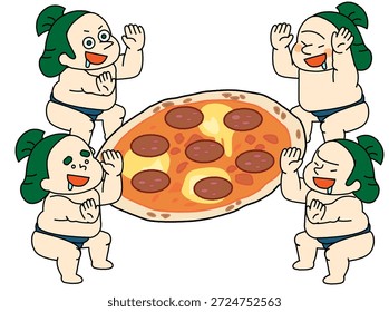 Esta es una ilustración cómica de luchadores de sumo celebrando alrededor de una pizza Grande.