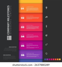 This company milestones infographic template presents steps in a vertical timeline layout. This infographic template is ideal for showing company milestones or project steps.