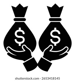 Esta atraente imagem mostra duas mãos segurando sacos de dinheiro, retratados em uma sólida silhueta em preto e branco com um fundo transparente. O design tem uma estética limpa.