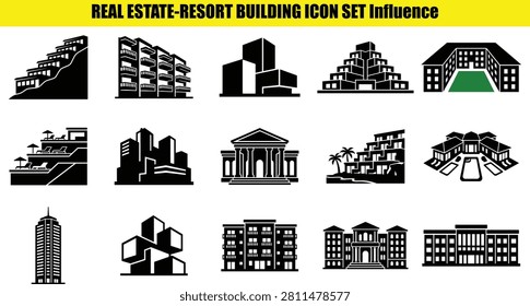 This composition features a variety of building shapes presented as dark forms against a light field. The structures represent architectural designs including resort and estate-style buildings showcasing diverse facades and geometric forms.