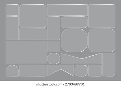 Esta composición presenta una variedad de Formas geométricas plateadas, rectángulos, cuadrados, óvalos y círculos, dispuestas sobre un fondo gris. El estampado minimalista emana modernidad y elegancia.