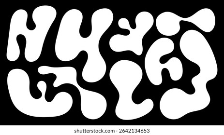 This composition features various organic shapes resembling blobs and irregular forms in white against a solid black background. The design emphasizes fluidity and abstractness.
