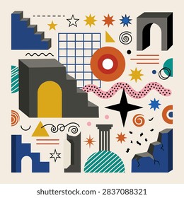 This composition features a vibrant assortment of abstract geometric shapes, including stairs, arches, columns and various star patterns. The design utilizes a bold color palette of blue, orange, yellow and black against a neutral background. The arrangement creates a playful and modern aesthetic, incorporating lines, grids and dotted textures to enhance the visual depth and complexity of the graphic illustration