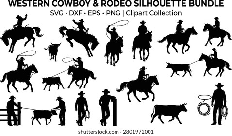 This comprehensive bundle features black silhouettes of cowboys riding horses, roping bulls, and standing in iconic western poses. These versatile vector elements are perfect for t-shirt prints, vinyl cutting projects, western-themed branding, and decorative stickers.
