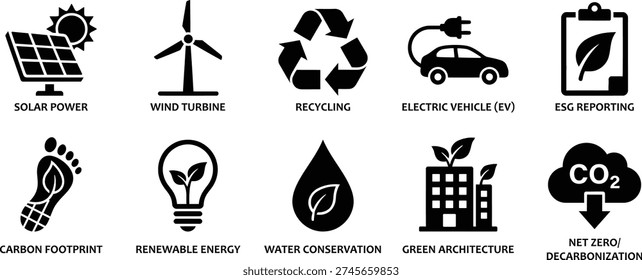 This comprehensive collection of black flat icons represents key sustainability concepts including carbon footprint, water conservation, and green architecture. These versatile vector graphics are ideal for corporate social responsibility reports, environmental presentations, and marketing materials focused on renewable energy, net zero goals, and global decarbonization strategies.