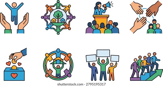This comprehensive collection of colorful vector illustrations depicts various aspects of social activism, community development, and humanitarian aid. These icons are ideal for non-profit websites, corporate social responsibility reports, and educational materials.
