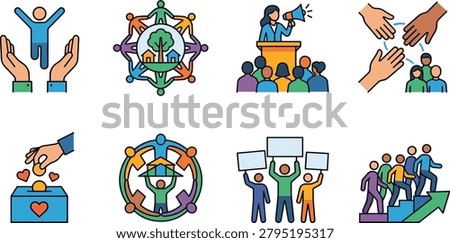 This comprehensive collection of colorful vector illustrations depicts various aspects of social activism, community development, and humanitarian aid. These icons are ideal for non-profit websites, corporate social responsibility reports, and educational materials.
