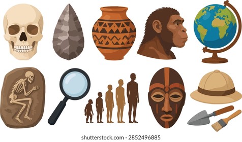 This comprehensive collection depicts essential icons related to archaeology and human evolution. Visible elements include a skull, primitive stone tools, ancient pottery, hominid profiles, a terrestrial globe, a fossilized skeleton, a magnifying glass, and excavation equipment. These educational graphics illustrate scientific history research through diverse flat designs in warm and earthy tones.