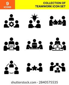 This comprehensive collection displays nine distinct teamwork symbols arranged neatly on a clean backdrop. Each glyph represents various aspects of collaboration, problem solving, brainstorming, leadership, partnership, and corporate strategy. The minimalist dark graphics feature solid fills against a plain background, creating a modern and professional aesthetic suitable for various digital and print applications.