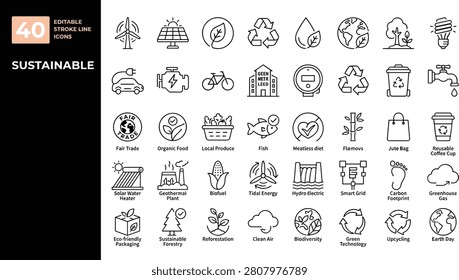 This comprehensive collection features 40 professional, high-quality, and editable stroke line icons centered around sustainability and eco-friendly practices. Each icon is crafted as a clean vector, allowing for seamless scaling and customization to fit any branding or design requirement. Ideal for environmental awareness campaigns, green energy websites, sustainability reports, infographics, and mobile applications, these icons cover essential themes including renewable energy, waste recycling, organic lifestyle, conservation, and climate action. With a modern and minimalist design, this set provides a versatile toolkit for designers and businesses looking to promote a greener, more sustainable future across various digital and print media platforms.This comprehensive collection features 40 professional, high-quality, and editable stroke line icons centered around sustainability and eco-friendly practices. Each icon is crafted as a clean vector, allowing for seamless scaling and customization to fit any branding or design requirement. Ideal for environmental awareness campaigns, green energy websites, sustainability reports, infographics, and mobile applications, these icons cover essential themes including renewable energy, waste recycling, organic lifestyle, conservation, and climate action. With a modern and minimalist design, this set provides a versatile toolkit for designers and businesses looking to promote a greener, more sustainable future across various digital and print media platforms.
