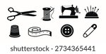 This comprehensive collection features eight black silhouette icons representing essential sewing and tailoring tools. The set includes a vintage sewing machine, professional fabric scissors, a thread spool, a pincushion, a thimble, a measuring tape, a button, and a safety pin. These graphics are perfect for fashion brand logos and craft blogs.