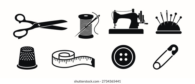 This comprehensive collection features eight black silhouette icons representing essential sewing and tailoring tools. The set includes a vintage sewing machine, professional fabric scissors, a thread spool, a pincushion, a thimble, a measuring tape, a button, and a safety pin. These graphics are perfect for fashion brand logos and craft blogs.