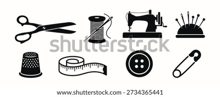 This comprehensive collection features eight black silhouette icons representing essential sewing and tailoring tools. The set includes a vintage sewing machine, professional fabric scissors, a thread spool, a pincushion, a thimble, a measuring tape, a button, and a safety pin. These graphics are perfect for fashion brand logos and craft blogs.