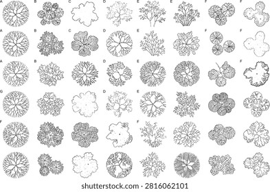 This comprehensive collection features vector architectural tree symbols and landscape design elements presented from a top view. These technical line art illustrations are ideal for enhancing site plans, CAD floor plans, urban planning layouts, and architectural blueprints.