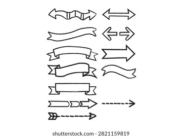 This comprehensive collection of hand-drawn vector doodle illustrations features a variety of outline arrows, scrolls, ribbons, and banners. Designed with a clean sketchy aesthetic, these versatile elements include double-ended pointers, curving banners, dashed arrows, and decorative text dividers. They are perfect for adding a creative and personalized touch to your graphic design projects, invitations, bullet journals, websites, and apparel prints.

#ArrowBanners #DoodleVectors #HandDrawnElements #BannerDesign #SketchyArrows #VectorSet #DesignDividers #SVGFiles #CricutCrafts #BulletJournalArt