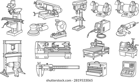 This comprehensive collection of technical line art illustrations features various metalworking machines, power tools, and workshop equipment. It is perfect for industrial safety manuals, engineering documentation, and vocational training materials.
This comprehensive collection of technical line art illustrations features various metalworking machines, power tools, and workshop equipment. It is perfect for industrial safety manuals, engineering documentation, and vocational training materials.

