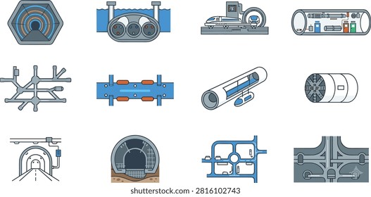 This comprehensive high-quality vector set features a collection of underground tunnels, subway infrastructure, transit systems, and engineering elements with editable strokes. Ideal for civil engineering presentations, public transport maps, urban planning projects, metro network graphics, and infrastructure design. The clean outline style ensures effortless customization, smooth scaling, and seamless integration into professional creative workflows.This comprehensive high-quality vector set features a collection of underground tunnels, subway infrastructure, transit systems, and engineering elements with editable strokes. Ideal for civil engineering presentations, public transport maps, urban planning projects, metro network graphics, and infrastructure design. The clean outline style ensures effortless customization, smooth scaling, and seamless integration into professional creative workflows.