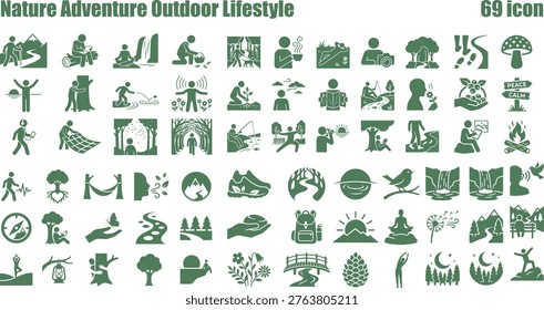This comprehensive icon set depicts various aspects of outdoor life, nature adventures, and ecological themes. Ideal for tourism apps, environmental campaigns, or educational resources.