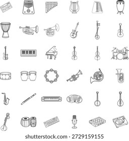 This comprehensive musical instruments line icon set features a wide variety of classic and modern instruments illustrated in a clean, minimal outline style