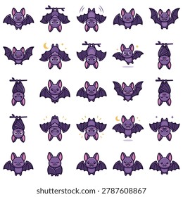 This comprehensive set of 25 adorable purple bat characters is perfect for Halloween projects, children's illustrations, or gaming icons. The vector collection showcases the nocturnal animals in a variety of moods and actions, from playful flying positions to cozy upside-down sleeping poses. Each bat is designed with a cute, kawaii aesthetic, featuring large ears, friendly smiles, and expressive eyes, all set against a clean white background for easy integration.