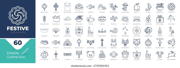 Este conjunto completo cuenta con sesenta iconos lineales que representan los Elementos culturales y festivos tradicionales del este de Asia. Incluye animales del zodiaco, alimentos tradicionales y artículos decorativos adecuados para los diseños del Año Nuevo Lunar.