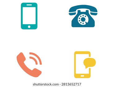 This comprehensive set of four communication-themed icons showcases essential devices for staying connected in the modern world, including mobile phones, classic telephone styles, and call alert symbols. These vibrant, flat-design vector icons are perfect for contact pages, customer support graphics, mobile app interfaces, business communication materials, and digital signage.

#CommunicationIcons #TechDesign #VectorGraphics #DigitalConnectivity #MobilePhone #ContactUs #BusinessCommunication #MinimalistIcons #TechIllustration #UserInterface