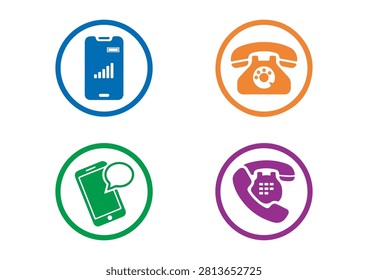 This comprehensive set of four communication-themed icons showcases essential devices for staying connected in the modern world, including mobile phones with signal indicators, messaging features, and classic telephone styles. Enclosed in circular frames, these vibrant, flat-design vector icons are perfect for contact pages, customer support graphics, mobile app interfaces, business communication materials, and digital signage.

#CommunicationIcons #TechDesign #VectorGraphics #DigitalConnectivity #MobilePhone #ContactUs #BusinessCommunication #MinimalistIcons #TechIllustration #UserInterface
