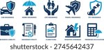 This comprehensive set of insurance icons provides visual representations for various coverage types including liability, travel, and disaster protection. The minimalist blue vector graphics are ideal for financial services websites, mobile app interfaces, and marketing brochures focused on risk management and policy planning for customers.
