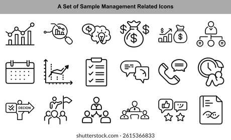 This comprehensive set of line icons visually represents various aspects of management and business strategy.