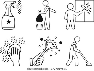 Este conjunto completo de iconos de contorno ilustra varias actividades esenciales de limpieza y mantenimiento del hogar.