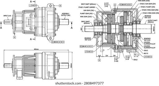 This comprehensive vector blueprint illustrates a planetary gear system with precise cross-section labels, component names, and dimensional specifications. It is perfect for mechanical engineering documentation, technical manuals, and industrial educational diagrams.

