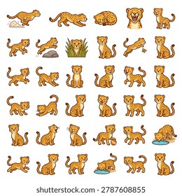 This comprehensive vector character sheet features a cute cheetah cub in thirty distinct poses and expressions. The set includes the animal running, sleeping, playing with a ball, drinking from a puddle, jumping over rocks, and hiding in tall grass. Perfect for educational children's content, sticker designs, and mobile app character animations.
