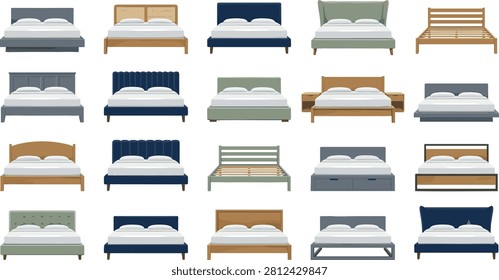 This comprehensive vector collection features a variety of bed frame styles including platform, tufted, and minimalist wooden designs. It is perfect for furniture shop websites, bedroom interior design mockups, and real estate marketing materials.
