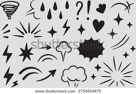 This comprehensive vector collection features a diverse array of hand drawn comic book elements and expressive symbols perfect for adding dynamic energy to any creative project. The set includes essential manga and pop art assets such as various lightning bolts signifying power or speed decorative hearts for emotion stylized stars for impact and multiple cloud shapes for speech or thought bubbles. You will also find action lines motion streaks and weather symbols like rain drops and tornadoes that are commonly used in graphic novels to convey movement and mood. Each element is crafted with a bold black ink style that works seamlessly for digital illustrations social media graphics poster designs and apparel prints. These versatile assets are provided in EPS 10 format allowing for easy scaling without any loss of quality making them ideal for both small web icons and large scale print media. Whether you are a professional illustrator or a hobbyist designer these expression marks and comic book flourishes provide a quick and effective way to enhance visual storytelling and bring a playful professional touch to your artwork. The clean lines and classic comic aesthetic ensure compatibility with various design themes including retro vintage and modern minimalist styles.