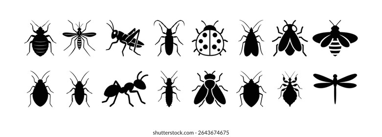this comprehensive vector EPS pack featuring various insect silhouettes including ladybug, ant, bee, and more. Perfect for nature, science, and educational projects.