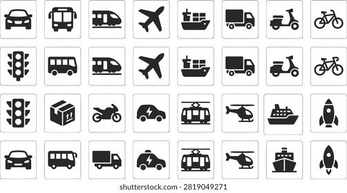 This comprehensive vector icon collection features a wide variety of transportation, vehicle, and logistics symbols. Designed in a bold, clean black silhouette style within rounded rectangular frames, this set includes key modes of transport such as cars, buses, high-speed trains, airplanes, cargo container ships, delivery trucks, scooters, bicycles, traffic lights, shipping boxes, motorcycles, electric vehicles, cable cars trams, helicopters, ferries, and space rockets. Ideal for logistics platforms, navigation applications, travel websites, UIUX interface design, delivery tracking software, and automotive industry graphics.


#Transportation #LogisticsIcons #VehicleIcons #Delivery #Travel #VectorIcons #FlatDesign #UIUXDesign #Shipping #PublicTransit #IconSet #Logistics Design