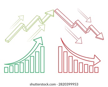 This comprehensive vector infographic template showcases various business charts detailing financial growth and market decline. The set contains green upward-trending bar graphs and zigzag isometric arrows representing profit, alongside contrasting red downward-curving arrows and plummeting lines indicating economic loss. It is a highly versatile asset for corporate data analysis, stock market presentations, financial reports, and marketing forecasting layouts.#FinancialCharts #BusinessInfographics #MarketTrends #StockMarketVector #DataAnalysis #GrowthAndDecline #EconomicForecast #CorporatePresentation