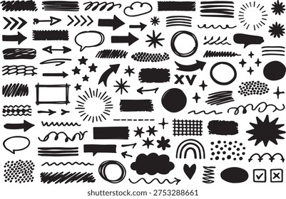 This comprehensive vector set features a wide variety of hand drawn doodle elements designed to add a creative and personal touch to any graphic project. The collection includes diverse shapes such as arrows pointing in multiple directions decorative circles stars hearts and textured brush strokes that mimic real ink drawings. You will also find speech bubbles frames and various decorative squiggles that are perfect for scrapbooking digital planners or enhancing social media graphics. Each element is created in a clean black silhouette style making it incredibly easy to integrate into minimalist layouts or colorful designs. These versatile icons can be used to highlight important information in presentations create unique patterns for website backgrounds or design custom stickers for bullet journaling. The hand sketched aesthetic provides a playful and authentic feel that stands out from standard digital graphics. Whether you are working on a commercial advertisement an educational infographic or a personal art project these scalable vector doodles offer endless possibilities for customization and creative expression. The set also includes unique textures like stippled dots and hatched lines which are ideal for adding depth and visual interest to flat illustrations. With this large assortment of decorative markers and symbols you have a complete toolkit for making your designs more engaging and visually appealing while maintaining a professional look suitable for microstock marketplaces.