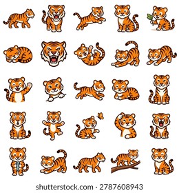 This comprehensive vector set features 25 adorable tiger cub illustrations in a vibrant cartoon style. Each character showcases a unique personality through different actions like pouncing, waving, dancing, and even eating a fish. The clean, bold lines and friendly designs make these graphics perfect for children's books, stickers, nursery decor, educational materials, and wildlife-themed creative projects.