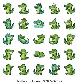 This comprehensive vector set features twenty-five adorable crocodile and alligator characters, each with a unique personality. The collection includes various activities such as playing an acoustic guitar, reading a book, swimming in water, sleeping peacefully, and wearing different hats like a chef's toque and a party hat. These friendly reptilian mascots are designed with a playful, clean aesthetic, making them perfect for children's educational materials, digital stickers, or brand icons.