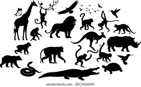 This comprehensive vector set features a diverse collection of wild animal silhouettes, including mammals, reptiles, and birds. Ideal for zoo branding, educational resources, nature-themed stickers, and eco-friendly marketing materials.
