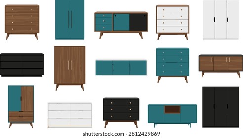 This comprehensive vector set features stylish storage units including chests of drawers, sideboards, and wardrobes in a mid-century modern aesthetic. These elements are perfect for furniture catalog layouts, interior design mockups, and home decor branding.
