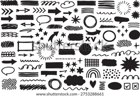 This comprehensive vector set features a wide variety of hand drawn doodle elements designed to add a creative and personal touch to any graphic project. The collection includes diverse shapes such as arrows pointing in multiple directions decorative circles stars hearts and textured brush strokes that mimic real ink drawings. You will also find speech bubbles frames and various decorative squiggles that are perfect for scrapbooking digital planners or enhancing social media graphics. Each element is created in a clean black silhouette style making it incredibly easy to integrate into minimalist layouts or colorful designs. These versatile icons can be used to highlight important information in presentations create unique patterns for website backgrounds or design custom stickers for bullet journaling. The hand sketched aesthetic provides a playful and authentic feel that stands out from standard digital graphics. Whether you are working on a commercial advertisement an educational infographic or a personal art project these scalable vector doodles offer endless possibilities for customization and creative expression. The set also includes unique textures like stippled dots and hatched lines which are ideal for adding depth and visual interest to flat illustrations. With this large assortment of decorative markers and symbols you have a complete toolkit for making your designs more engaging and visually appealing while maintaining a professional look suitable for microstock marketplaces.
