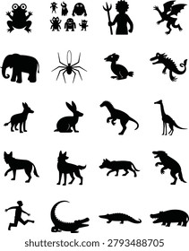 This comprehensive vector set includes a diverse range of black silhouettes, from wild animals and prehistoric dinosaurs to fantasy monsters and human figures. Ideal for logo design, educational materials, creative storytelling, and decorative stickers.

