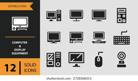 Este conjunto de iconos de equipos de computadora y pantalla incluye iconos esenciales como el monitor de escritorio de oficina y el monitor dual ideal para plataformas de trabajo remoto de software de oficina y herramientas digitales que admiten entornos informáticos profesionales