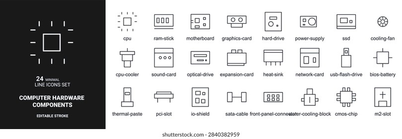 This computer hardware components icon set displays cpu, motherboard, ram, ssd, cooling and network symbols on a white background