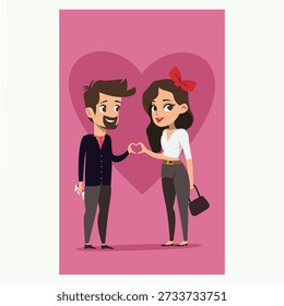 This concept shows a cute couple expressing their love through a sweet, simple hand pose. Their hands come together to form a heart shape or a gentle intertwined gesture, highlighting connection and closeness. Soft lines, relaxed body language, and subtle blush or warm tones keep the scene tender and playful, making it perfect for Valentine cards, couple illustrations, or romantic wall art.