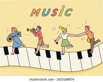 This is a concept where people play musical instruments and walk on the piano keys. flat design style minimal vector illustration.