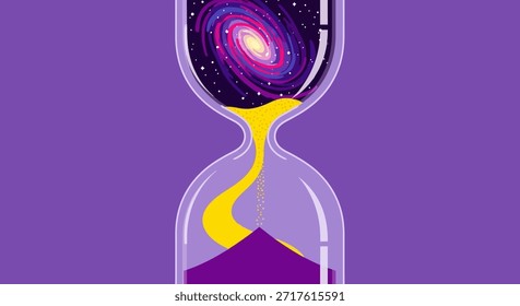 This conceptual artwork features an hourglass containing a vibrant galaxy, symbolizing the connection between time and the universe. The purple and yellow color scheme adds to the dreamy and